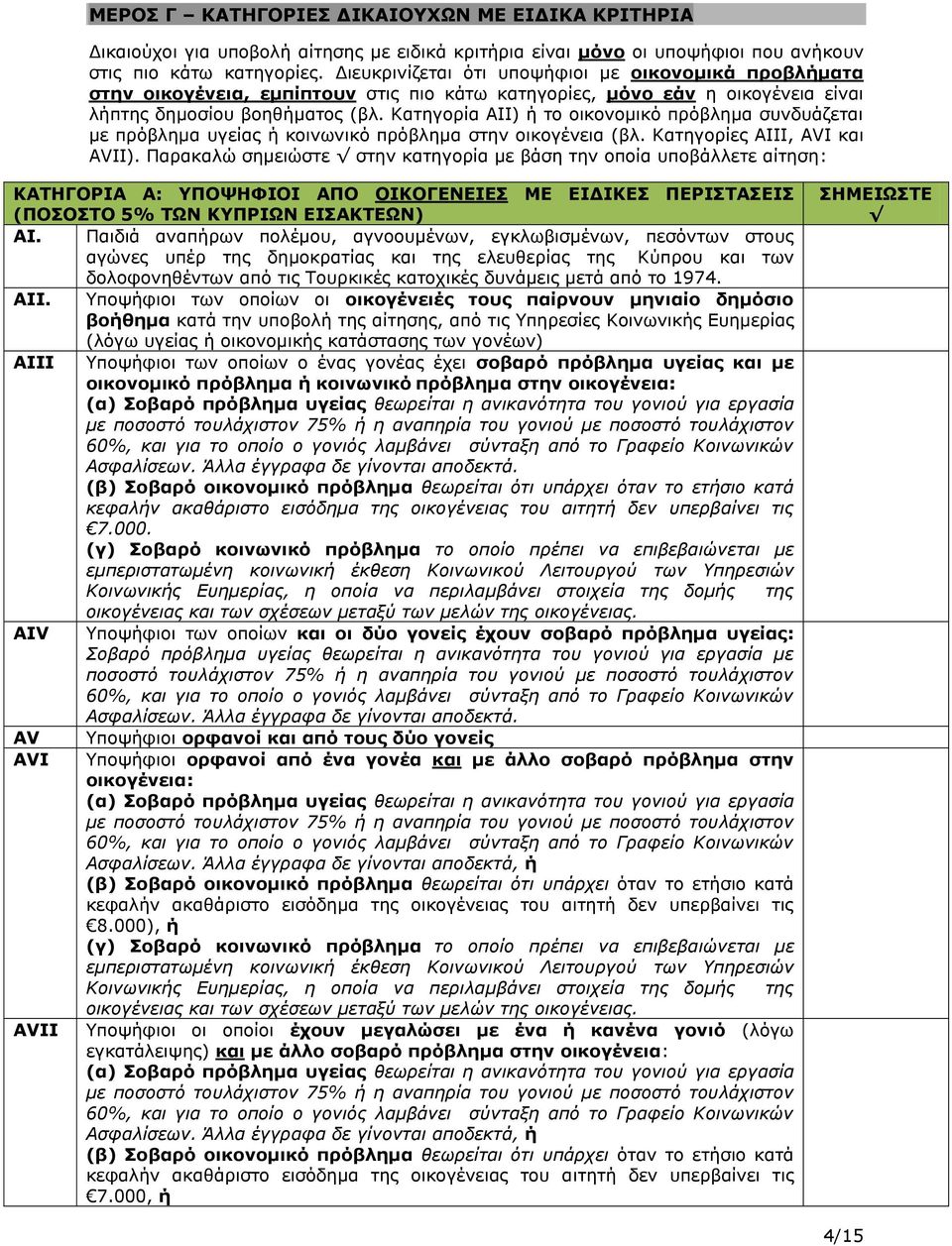 Κατηγορία ΑΙΙ) ή το οικονομικό πρόβλημα συνδυάζεται με πρόβλημα υγείας ή κοινωνικό πρόβλημα στην οικογένεια (βλ. Κατηγορίες ΑΙΙΙ, ΑVI και AVII).