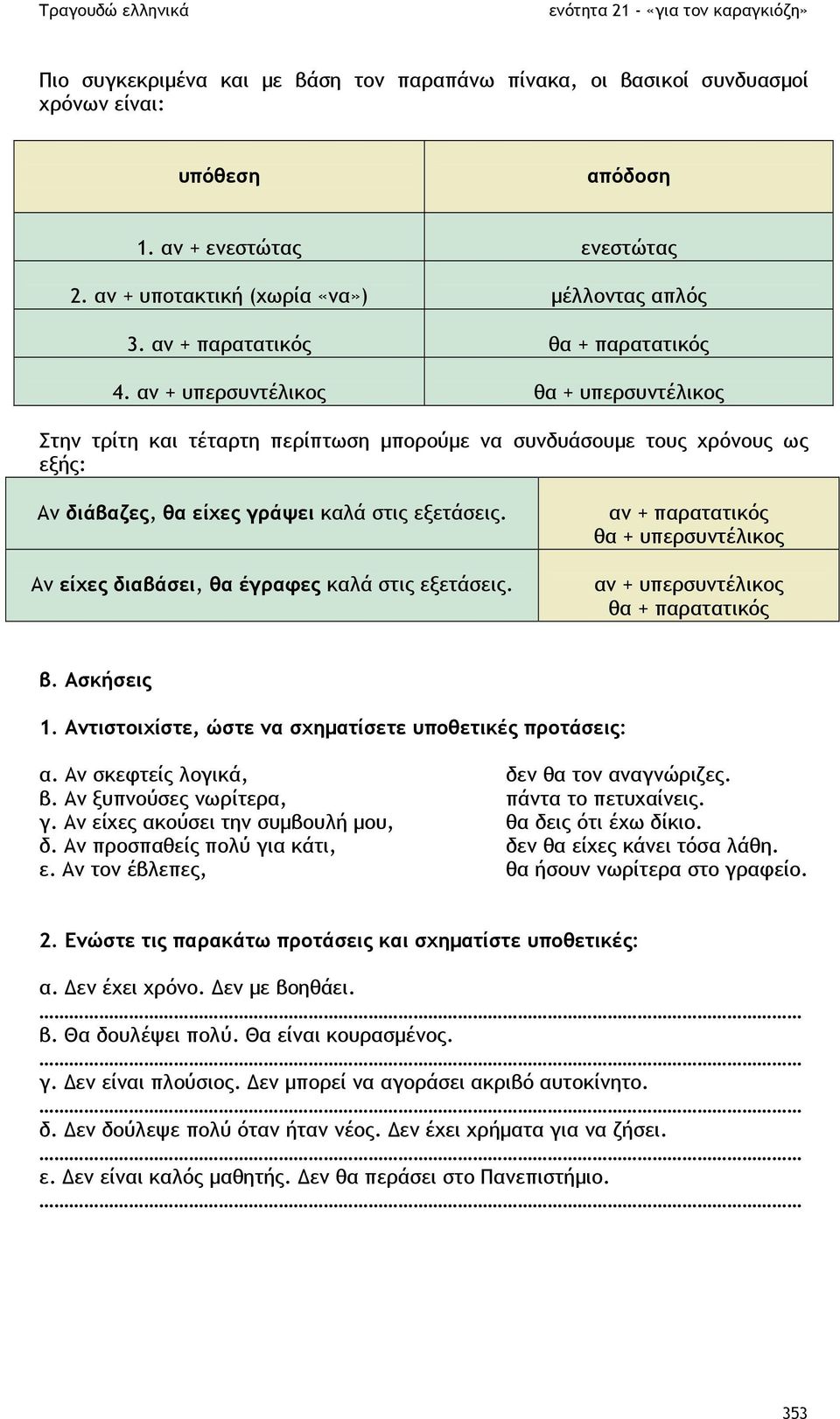 αν + υπερσυντέλικος θα + υπερσυντέλικος Στην τρίτη και τέταρτη περίπτωση µπορούµε να συνδυάσουµε τους χρόνους ως εξής: Αν διάβαζες, θα είχες γράψει καλά στις εξετάσεις.