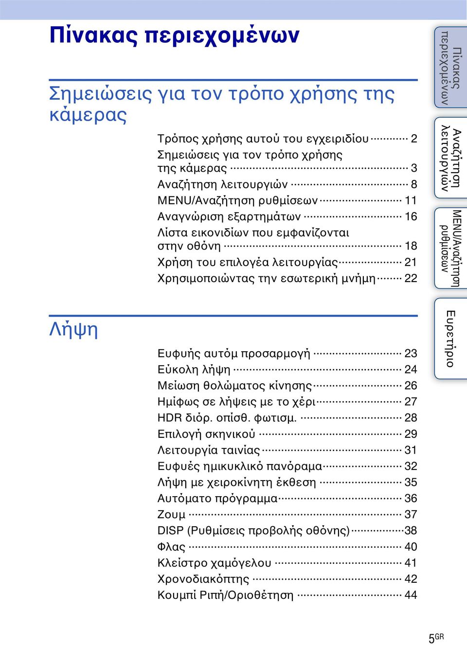 λήψη 24 Μείωση θολώματος κίνησης 26 Ημίφως σε λήψεις με το χέρι 27 HDR διόρ. οπίσθ. φωτισμ.