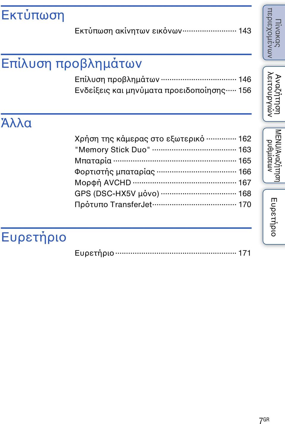 στο εξωτερικό 162 "Memory Stick Duo" 163 Μπαταρία 165 Φορτιστής μπαταρίας
