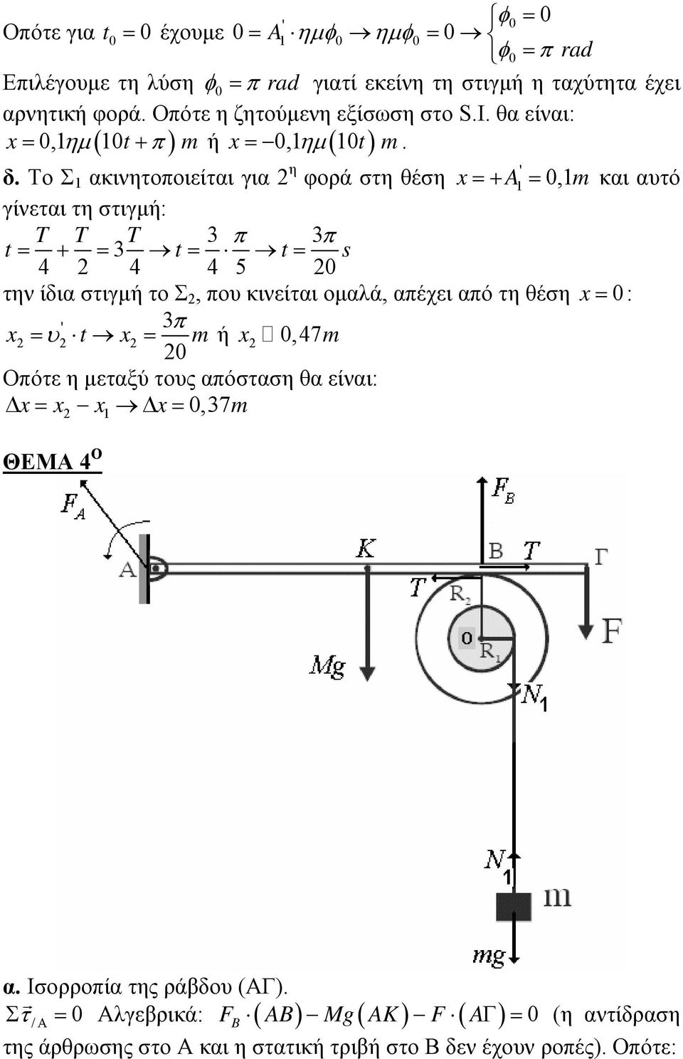 Το Σ 1 ακινητοποιείται για η ' φορά στη θέση x =+ A1 = 0,1m και αυτό γίνεται τη στιγµή: T T 3 3 3 T π π t = + = t = t = s 4 4 4 5 0 την ίδια στιγµή το Σ, που κινείται οµαλά,