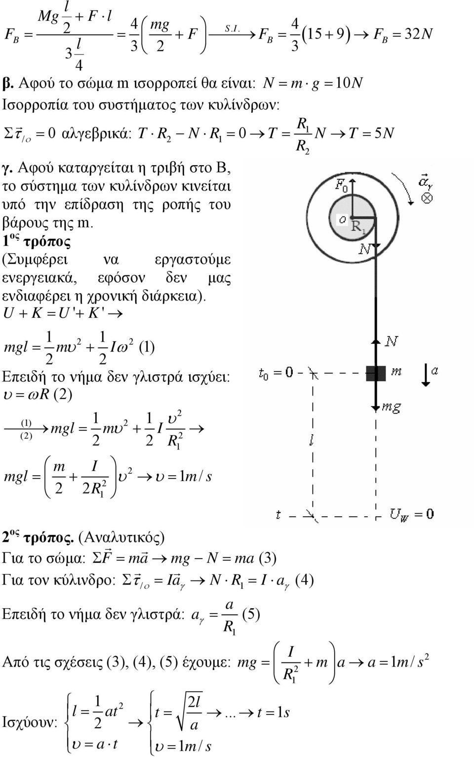 Αφού καταργείται η τριβή στο Β, το σύστηµα των κυλίνδρων κινείται υπό την επίδραση της ροπής του βάρους της m.