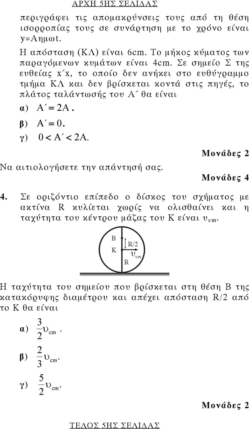 Σε σημείο Σ της ευθείας x x, το οποίο δεν ανήκει στο ευθύγραμμο τμήμα ΚΛ και δεν βρίσκεται κοντά στις πηγές, το πλάτος ταλάντωσής του Α θα είναι α) A = A. β) Α = 0. γ) 0 < Α < A.