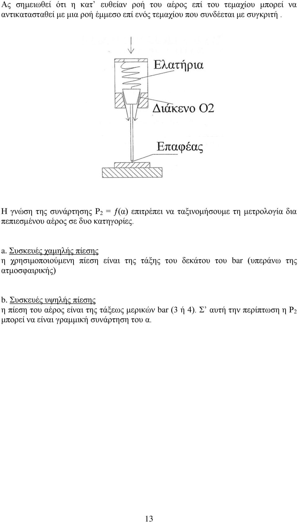 Η γνώση της συνάρτησης P 2 = ƒ(α) επιτρέπει να ταξινομήσουμε τη μετρολογία δια πεπιεσμένου αέρος σε δυο κατηγορίες. a.