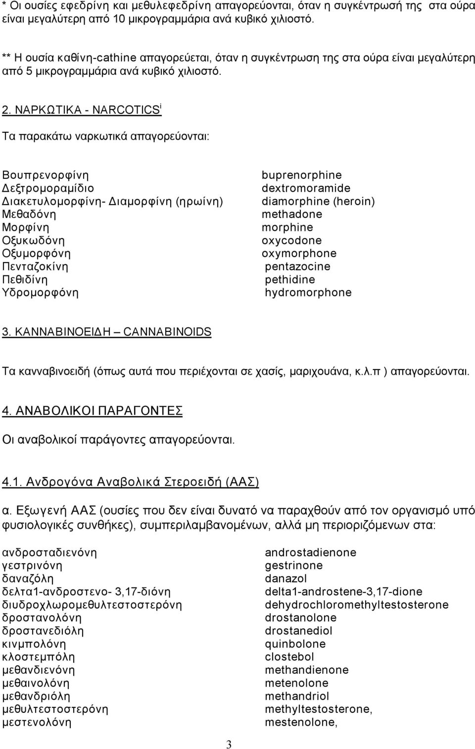 ΝΑΡΚΩΤΙΚΑ NARCOTICS i Τα παρακάτω ναρκωτικά απαγορεύονται: Βουπρενορφίνη Δεξτρομοραμίδιο Διακετυλομορφίνη Διαμορφίνη (ηρωίνη) Μεθαδόνη Μορφίνη Οξυκωδόνη Οξυμορφόνη Πενταζοκίνη Πεθιδίνη Υδρομορφόνη
