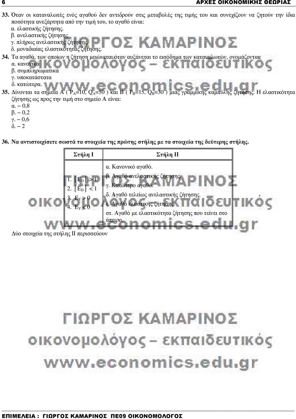 Τα αγαθά, των οποίων η ζήτηση µειώνεται όταν αυξάνεται το εισόδηµα των καταναλωτών, ονοµάζονται: α. κανονικά β. συµπληρωµατικά γ. υποκατάστατα δ. κατώτερα. 35.