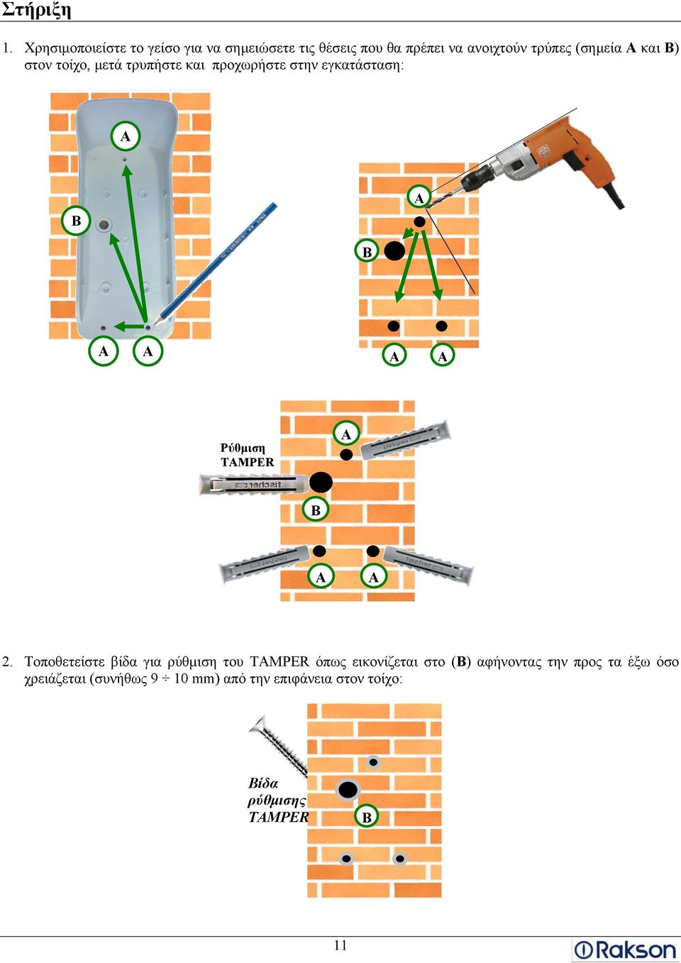 και B) στον τοίχο, μετά τρυπήστε και προχωρήστε στην εγκατάσταση: A B A B A A A A Ρύθμιση TAMPER A