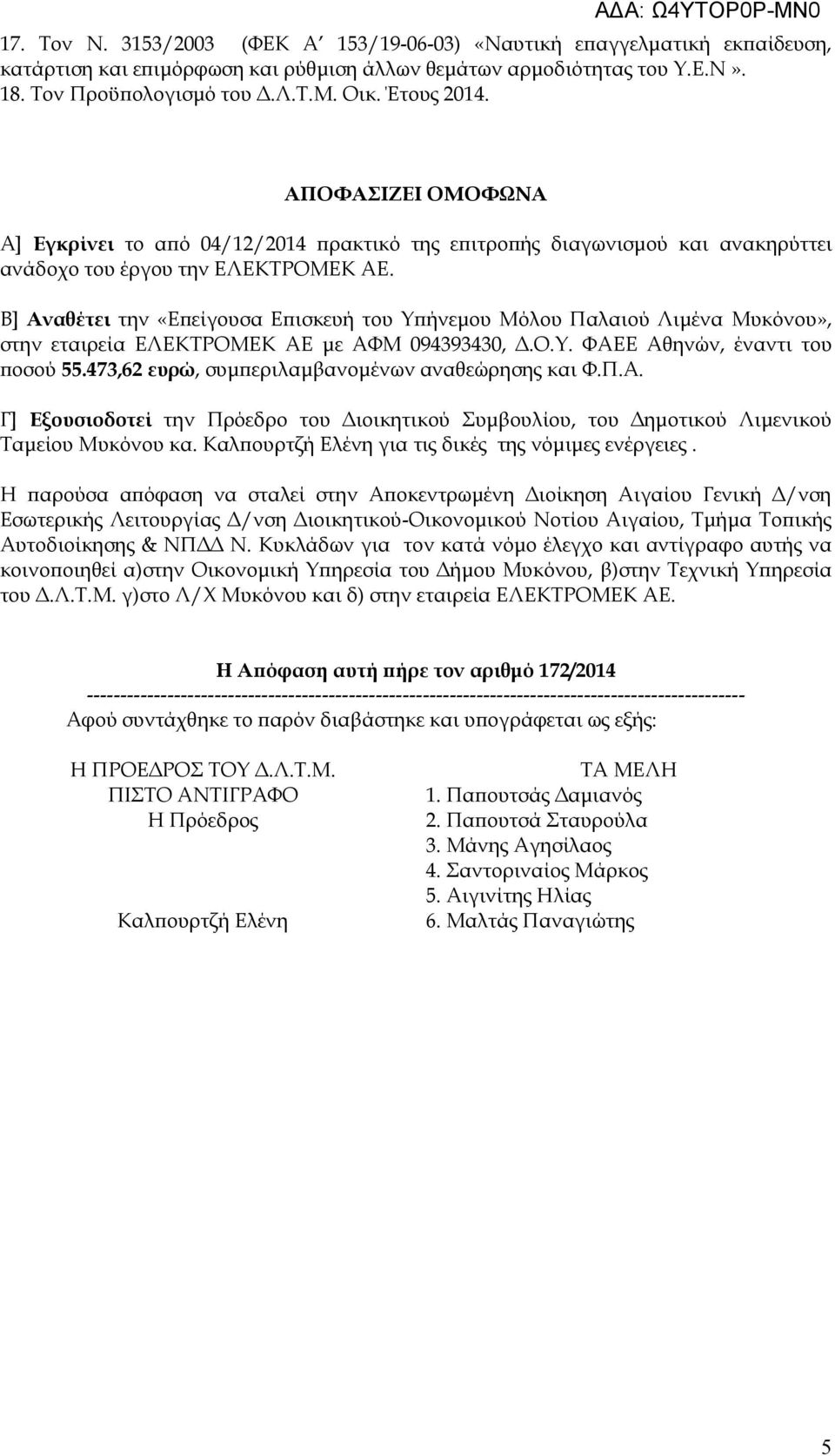 Β] Αναθέτει την «Επείγουσα Επισκευή του Υπήνεμου Μόλου Παλαιού Λιμένα Μυκόνου», στην εταιρεία ΕΛΕΚΤΡΟΜΕΚ ΑΕ με ΑΦΜ 094393430, Δ.Ο.Υ. ΦΑΕΕ Αθηνών, έναντι του ποσού 55.