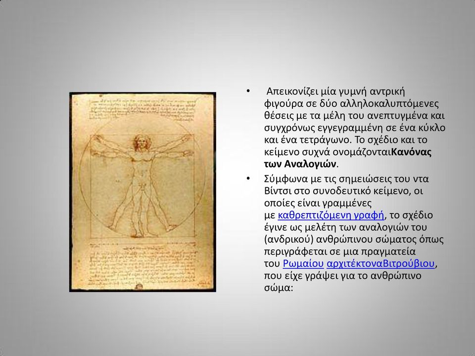 Σύμφωνα με τις σημειώσεις του ντα Βίντσι στο συνοδευτικό κείμενο, οι οποίες είναι γραμμένες με καθρεπτιζόμενη γραφή, το σχέδιο