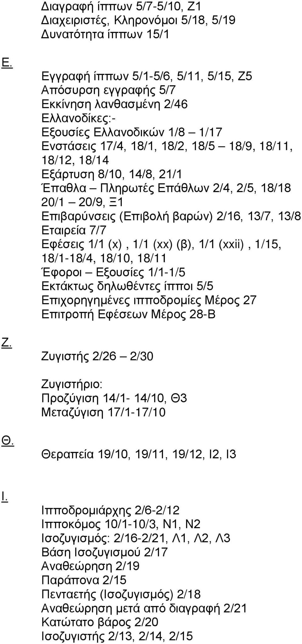 Εγγραφή ίππων 5/1-5/6, 5/11, 5/15, Ζ5 Απόσυρση εγγραφής 5/7 Εκκίνηση λανθασμένη 2/46 Ελλανοδίκες:- Εξουσίες Ελλανοδικών 1/8 1/17 Ενστάσεις 17/4, 18/1, 18/2, 18/5 18/9, 18/11, 18/12, 18/14 Εξάρτυση