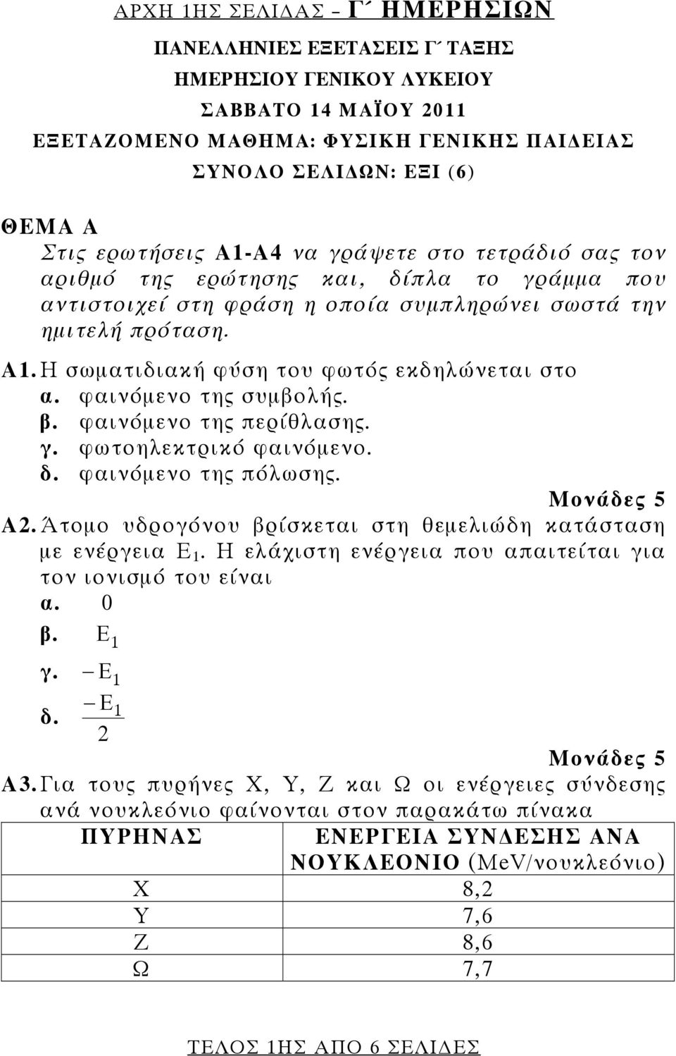 Η σωματιδιακή φύση του φωτός εκδηλώνεται στο α. φαινόμενο της συμβολής. β. φαινόμενο της περίθλασης. γ. φωτοηλεκτρικό φαινόμενο. δ. φαινόμενο της πόλωσης. Α2.