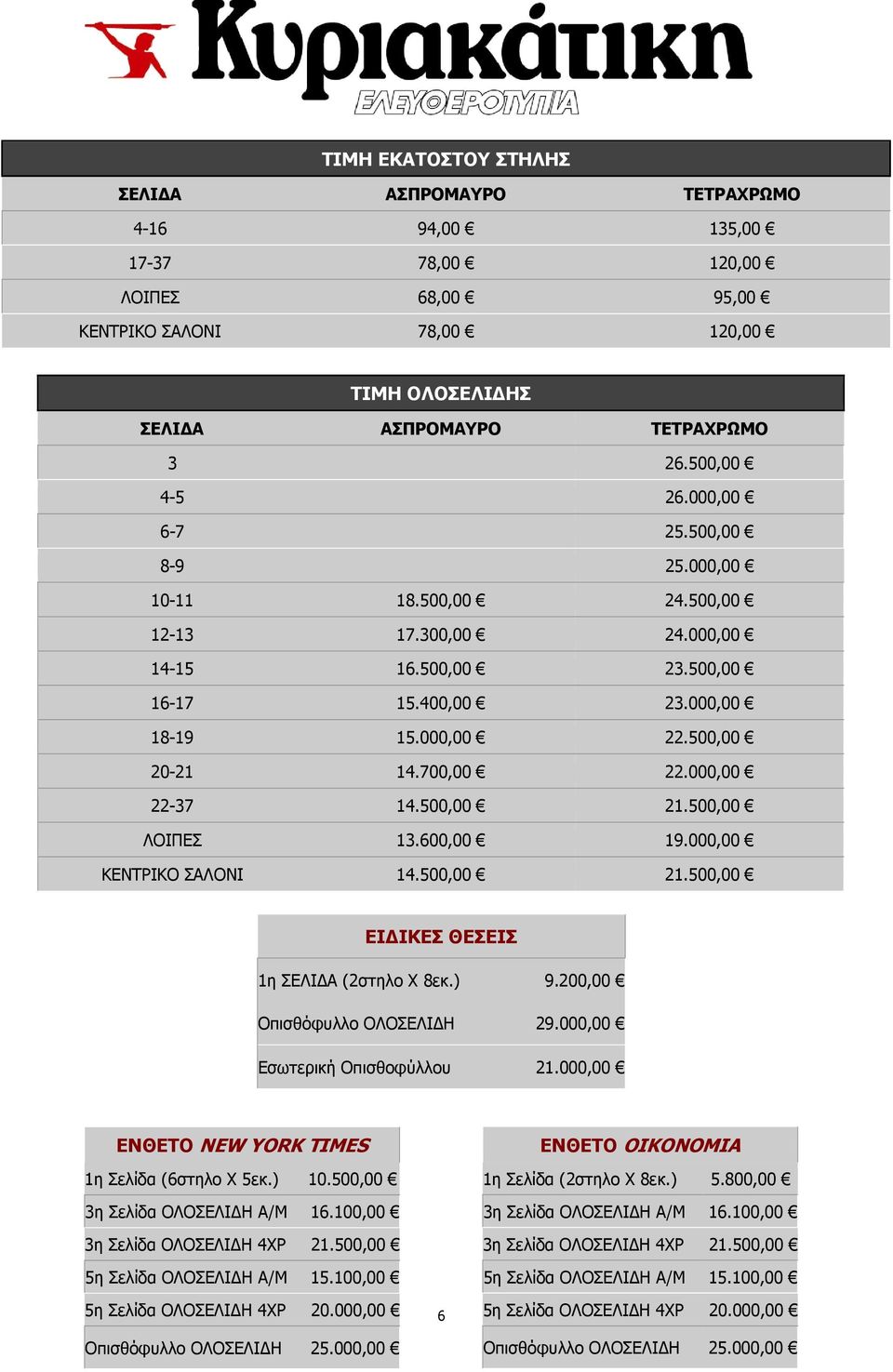 500,00 21.500,00 ΛΟΙΠΕΣ 13.600,00 19.000,00 ΚΕΝΤΡΙΚΟ ΣΑΛΟΝΙ 14.500,00 21.500,00 ΕΙ ΙΚΕΣ ΘΕΣΕΙΣ 1η ΣΕΛΙ Α (2στηλο Χ 8εκ.) 9.200,00 Οπισθόφυλλο ΟΛΟΣΕΛΙ Η 29.000,00 Εσωτερική Οπισθοφύλλου 21.