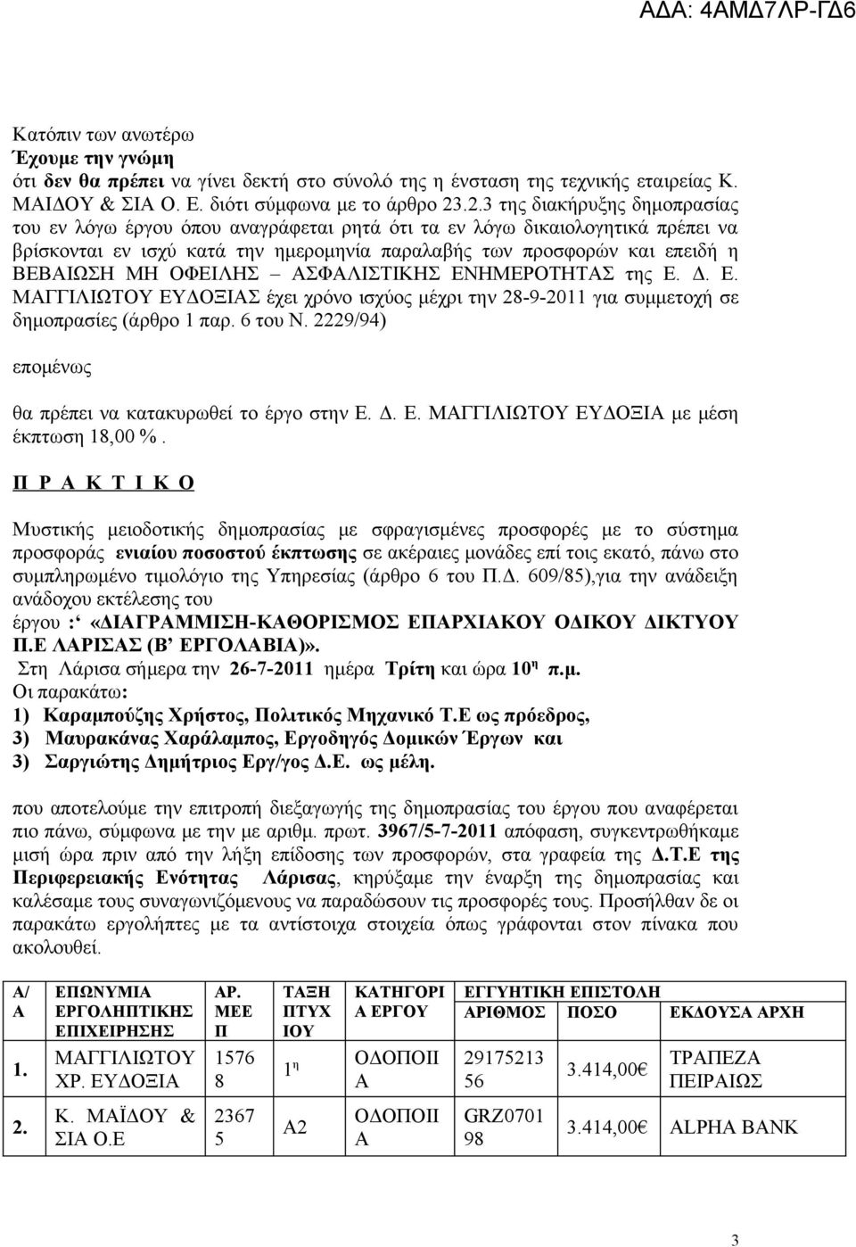 ΟΦΕΙΛΗΣ ΣΦΛΙΣΤΙΚΗΣ ΕΝΗΜΕΡΟΤΗΤΣ της Ε. Δ. Ε. ΜΓΓΙΛΙΩΤΟΥ ΕΥΔΟΞΙΣ έχει χρόνο ισχύος μέχρι την 28-9-2011 για συμμετοχή σε δημοπρασίες (άρθρο 1 παρ. 6 του Ν.