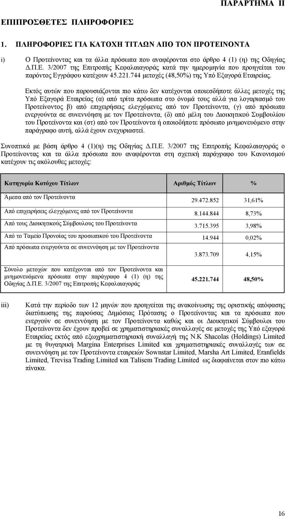 Εκτός αυτών που παρουσιάζονται πιο κάτω δεν κατέχονται οποιεσδήποτε άλλες µετοχές της Υπό Εξαγορά Εταιρείας (α) από τρίτα πρόσωπα στο όνοµά τους αλλά για λογαριασµό του Προτείνοντος β) από