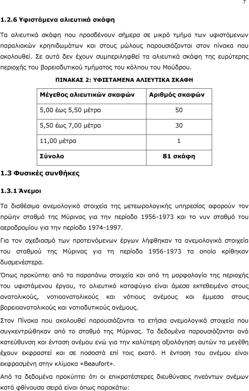 ΠΙΝΑΚΑΣ 2: ΥΦΙΣΤΑΜΕΝΑ ΑΛΙΕΥΤΙΚΑ ΣΚΑΦΗ Μέγεθος αλιευτικών σκαφών Αριθμός σκαφών 5,00 έως 5,50 μέτρα 50 5,50 έως 7,00 μέτρα 30