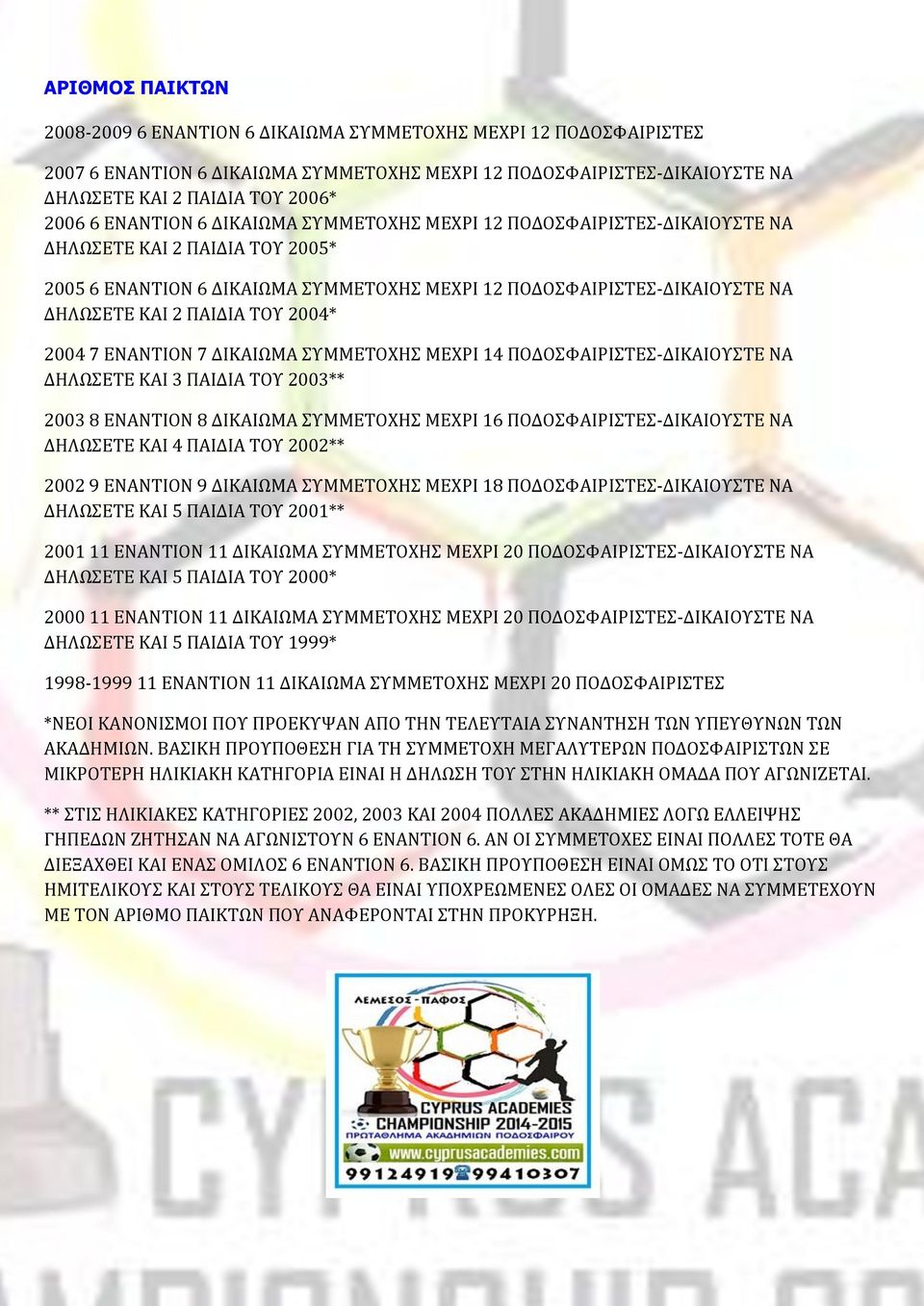 ΤΟΥ 2004* 2004 7 ΕΝΑΝΤΙΟΝ 7 ΔΙΚΑΙΩΜΑ ΣΥΜΜΕΤΟΧΗΣ ΜΕΧΡΙ 14 ΠΟΔΟΣΦΑΙΡΙΣΤΕΣ-ΔΙΚΑΙΟΥΣΤΕ ΝΑ ΔΗΛΩΣΕΤΕ ΚΑΙ 3 ΠΑΙΔΙΑ ΤΟΥ 2003** 2003 8 ΕΝΑΝΤΙΟΝ 8 ΔΙΚΑΙΩΜΑ ΣΥΜΜΕΤΟΧΗΣ ΜΕΧΡΙ 16 ΠΟΔΟΣΦΑΙΡΙΣΤΕΣ-ΔΙΚΑΙΟΥΣΤΕ ΝΑ