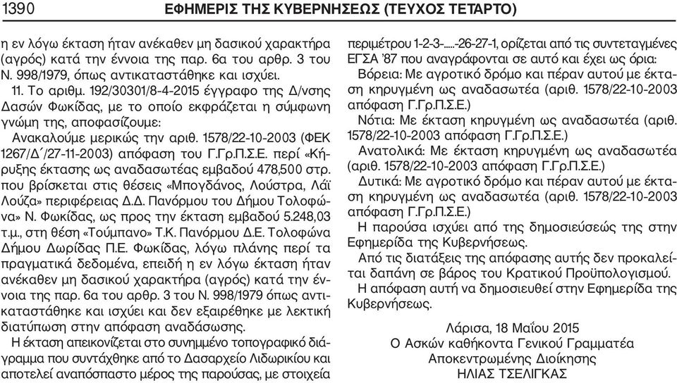 1578/22 10 2003 (ΦΕΚ 1267/Δ /27 11 2003) απόφαση του Γ.Γρ.Π.Σ.Ε. περί «Κή ρυξης έκτασης ως αναδασωτέας εμβαδού 478,500 στρ. που βρίσκεται στις θέσεις «Μπογδάνος, Λούστρα, Λάϊ Λούζα» περιφέρειας Δ.Δ. Πανόρμου του Δήμου Τολοφώ να» Ν.