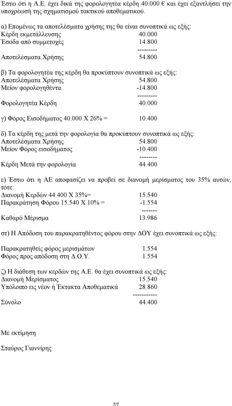 800 β) Τα φορολογητέα της κέρδη θα προκύπτουν συνοπτικά ως εξής: Αποτελέσµατα Χρήσης 54.800 Μείον φορολογηθέντα -14.800 Φορολογητέα Κέρδη 40.000 γ) Φόρος Εισοδήµατος 40.000 Χ 26% = 10.