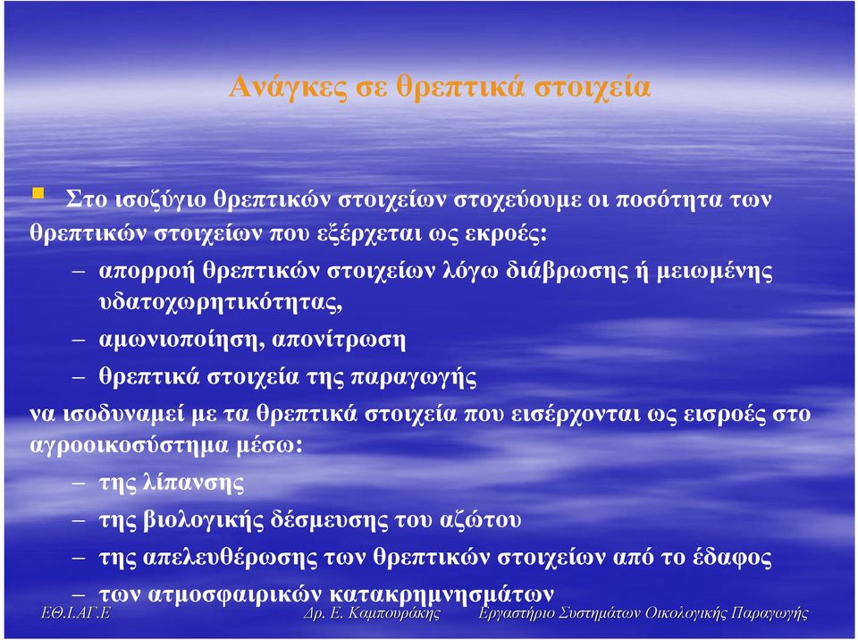 στοιχεία της παραγωγής να ισοδυναµεί µε τα θρεπτικά στοιχεία που εισέρχονται ως εισροές στο αγροοικοσύστηµα µέσω: της