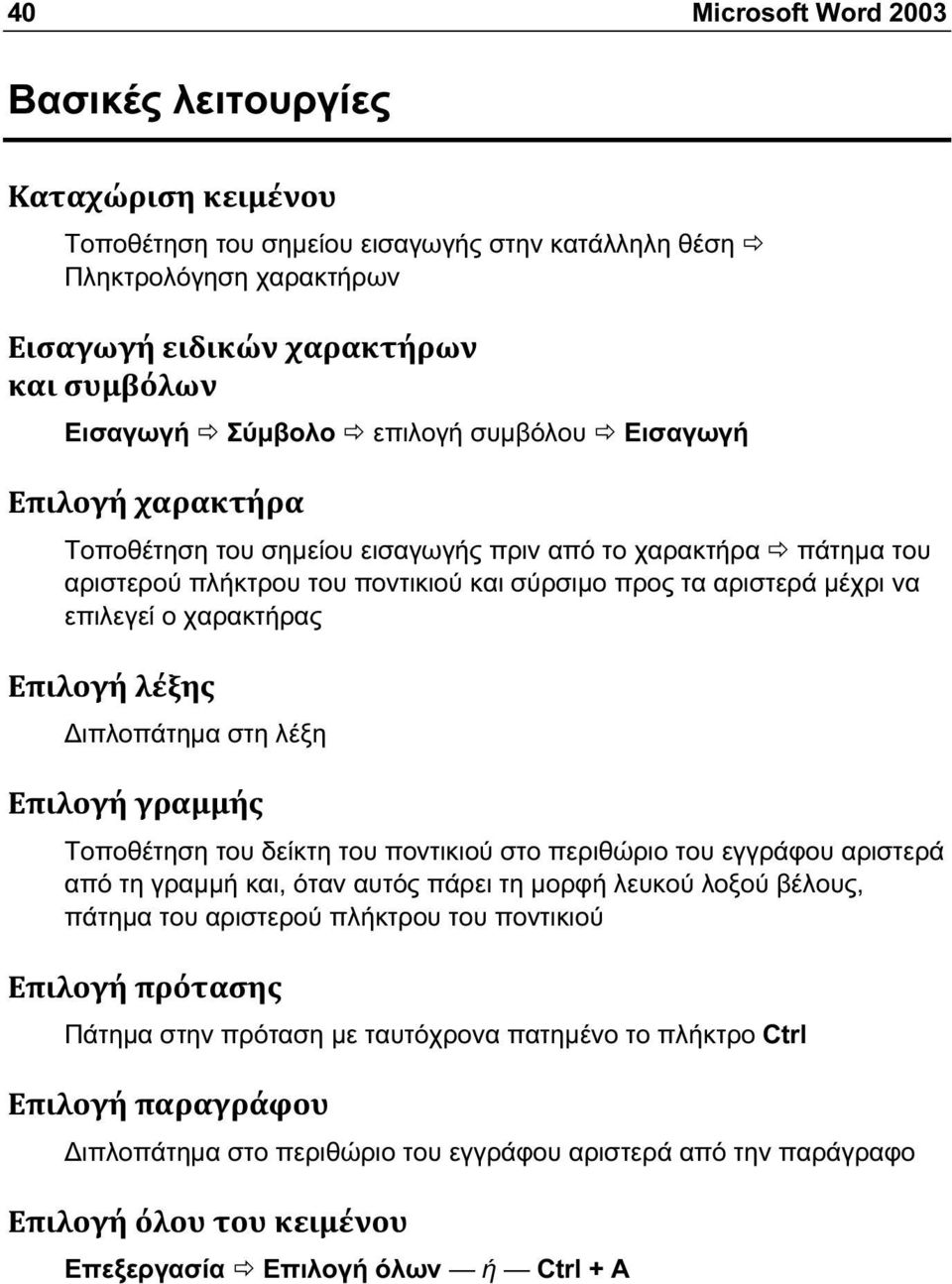 στη λέξη Τοποθέτηση του δείκτη του ποντικιού στο περιθώριο του εγγράφου αριστερά από τη γραμμή και, όταν αυτός πάρει τη μορφή λευκού λοξού βέλους, πάτημα του αριστερού