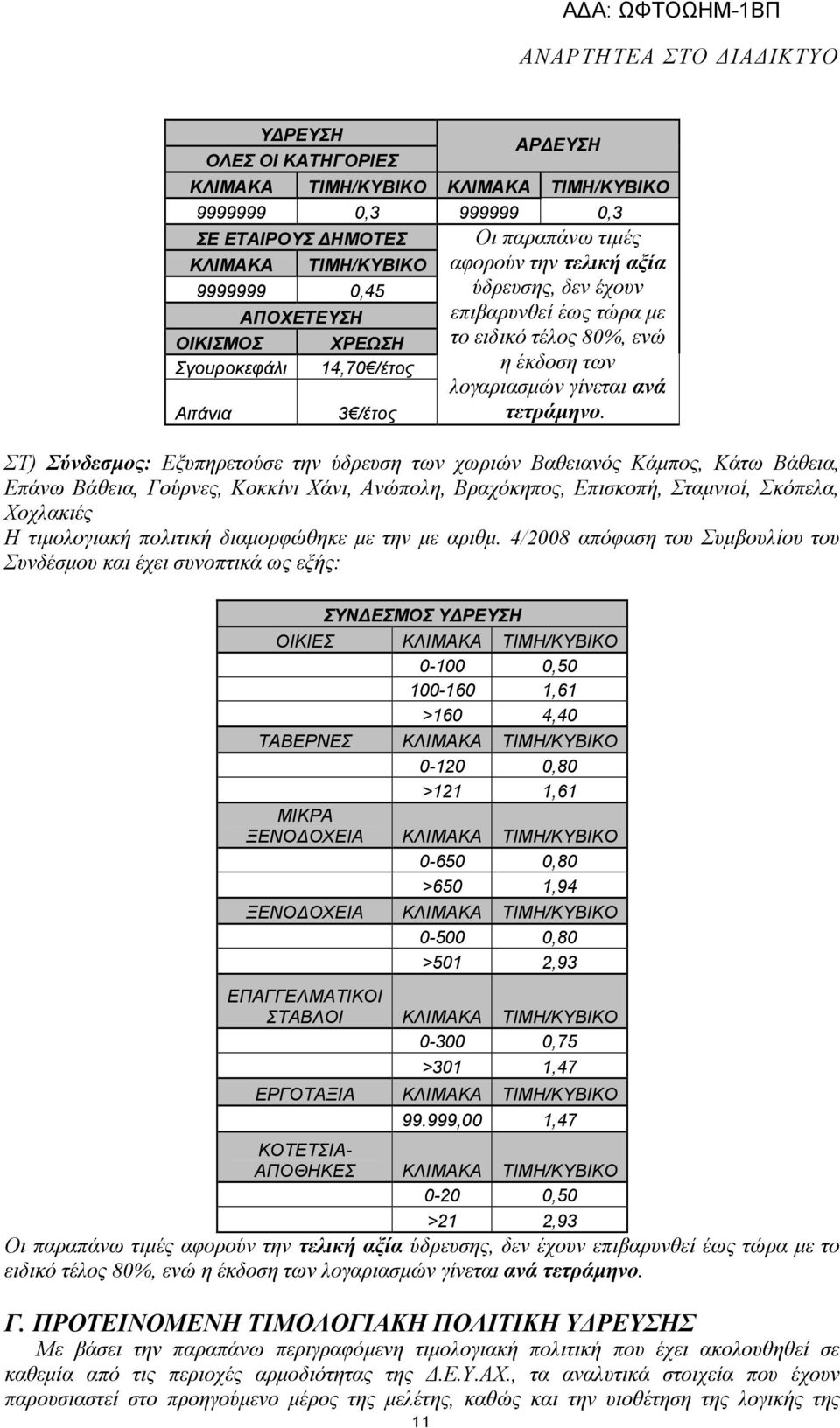 ΣΤ) Σύνδεσµος: Εξυπηρετούσε την ύδρευση των χωριών Βαθειανός Κάµπος, Κάτω Βάθεια, Επάνω Βάθεια, Γούρνες, Κοκκίνι Χάνι, Ανώπολη, Βραχόκηπος, Επισκοπή, Σταµνιοί, Σκόπελα, Χοχλακιές Η τιµολογιακή