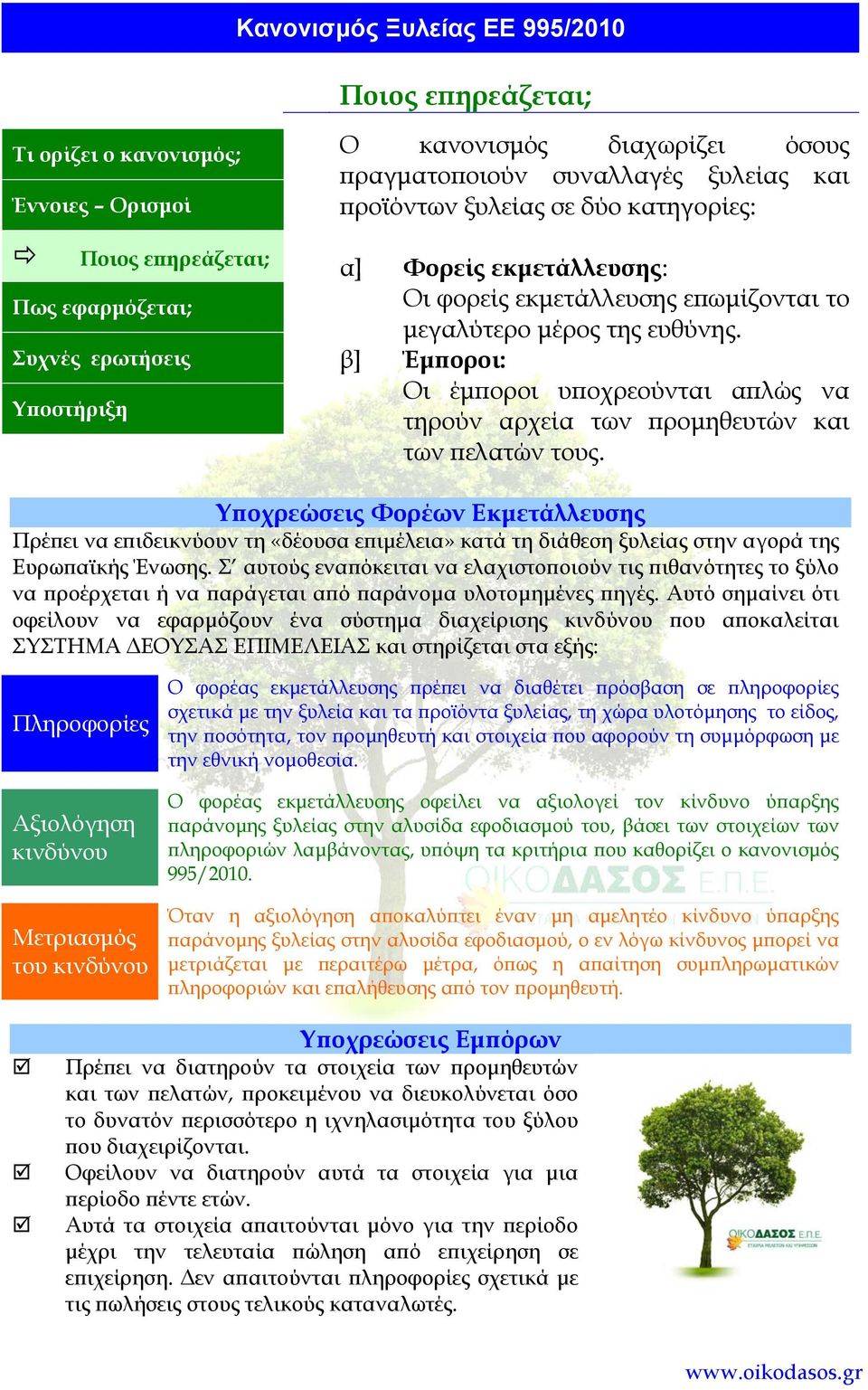 Υποχρεώσεις Φορέων Εκµετάλλευσης Πρέπει να επιδεικνύουν τη «δέουσα επιµέλεια» κατά τη διάθεση ξυλείας στην αγορά της Ευρωπαϊκής Ένωσης.