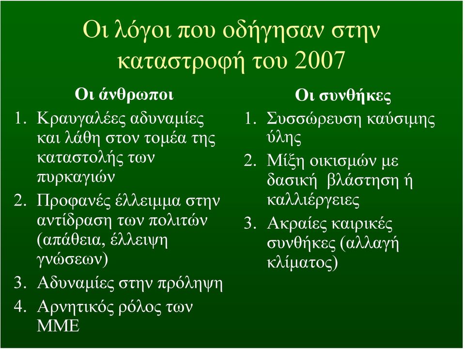 Προφανές έλλειμμα στην αντίδραση των πολιτών (απάθεια, έλλειψη γνώσεων) 3. Αδυναμίες στην πρόληψη 4.