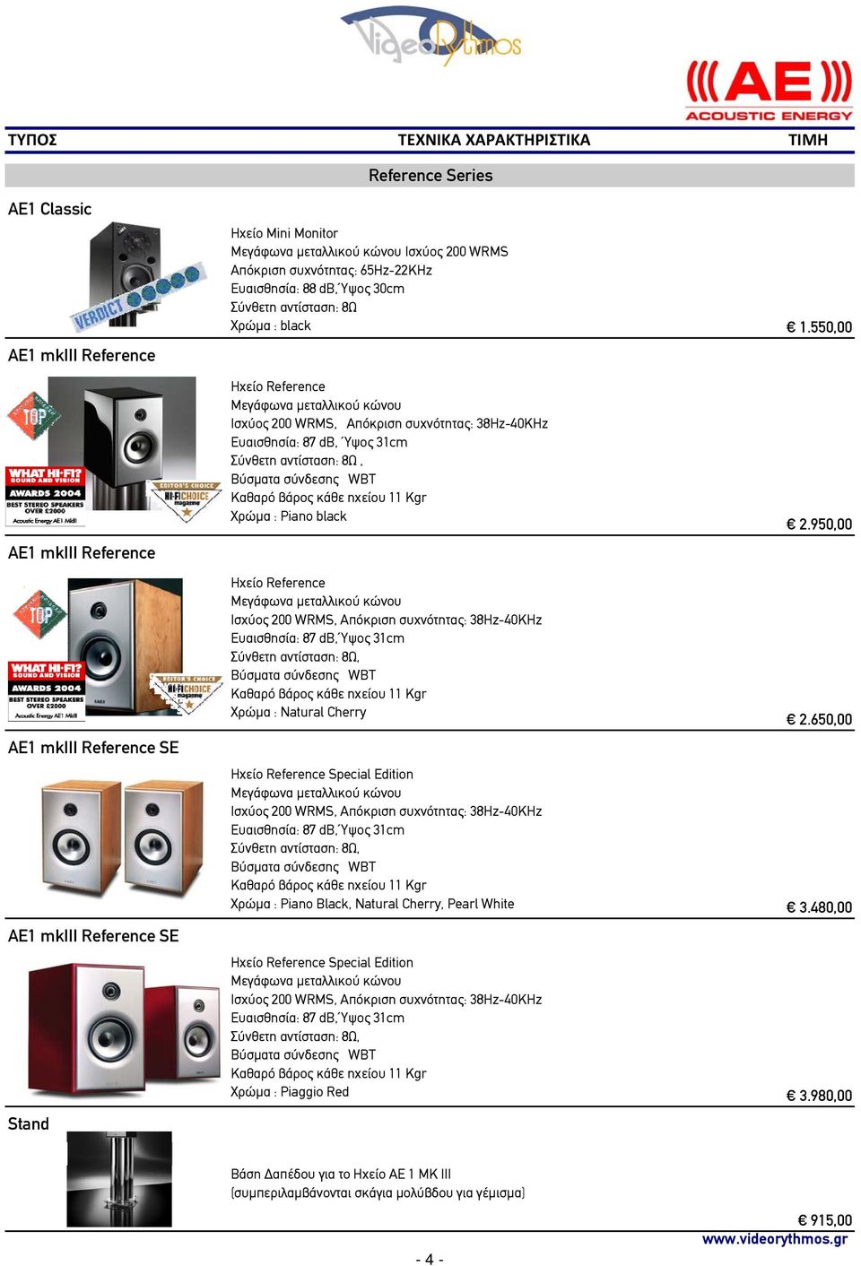 550,00 Ηχείο Reference Iσχύος 200 WRMS, Απόκριση συχνότητας: 38Hz-40KHz Ευαισθησία: 87 db, Ύψος 31cm Σύνθετη αντίσταση: 8Ω, Καθαρό βάρος κάθε ηχείου 11 Kgr Χρώμα : Piano black Ηχείο Reference Iσχύος