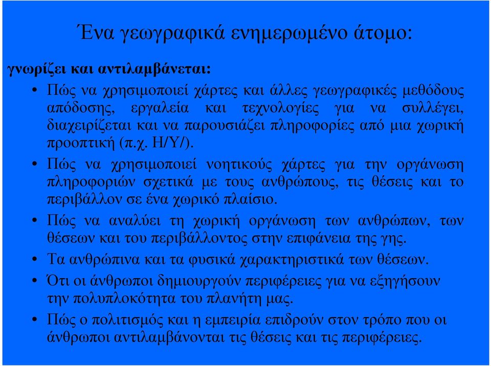 Πώς να χρησιµοποιεί νοητικούς χάρτες για την οργάνωση πληροφοριών σχετικά µε τους ανθρώπους, τις θέσεις και το περιβάλλον σε ένα χωρικό πλαίσιο.