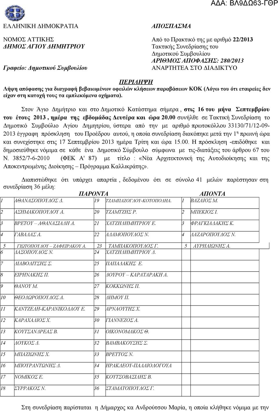 Στον Άγιο Δημήτριο και στο Δημοτικό Κατάστημα σήμερα, στις 16 του μήνα Σεπτεμβρίου του έτους 2013, ημέρα της εβδομάδας Δευτέρα και ώρα 20.