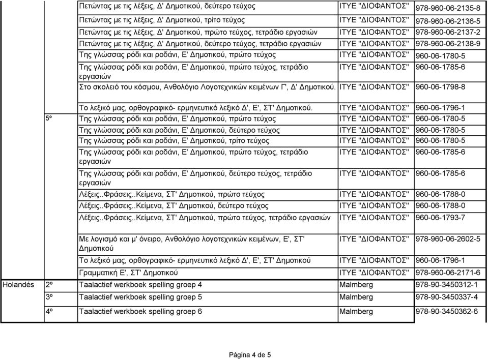 και ροδάνι, Ε' Δημοτικού, πρώτο τεύχος ΙΤΥΕ ''ΔΙΟΦΑΝΤΟΣ'' 960-06-1780-5 Της γλώσσας ρόδι και ροδάνι, Ε' Δημοτικού, πρώτο τεύχος, τετράδιο ΙΤΥΕ ''ΔΙΟΦΑΝΤΟΣ'' 960-06-1785-6 Στο σκολειό του κόσμου,