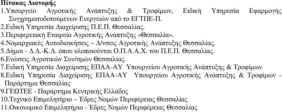 Ενώσεις Αγροτικών Συν/σµών Θεσσαλίας. 7.Ειδική Υπηρεσία ιαχείρισης ΕΠΑΑ-ΑΥ Υπουργείου Αγροτικής Ανάπτυξης & Τροφίµων 8.