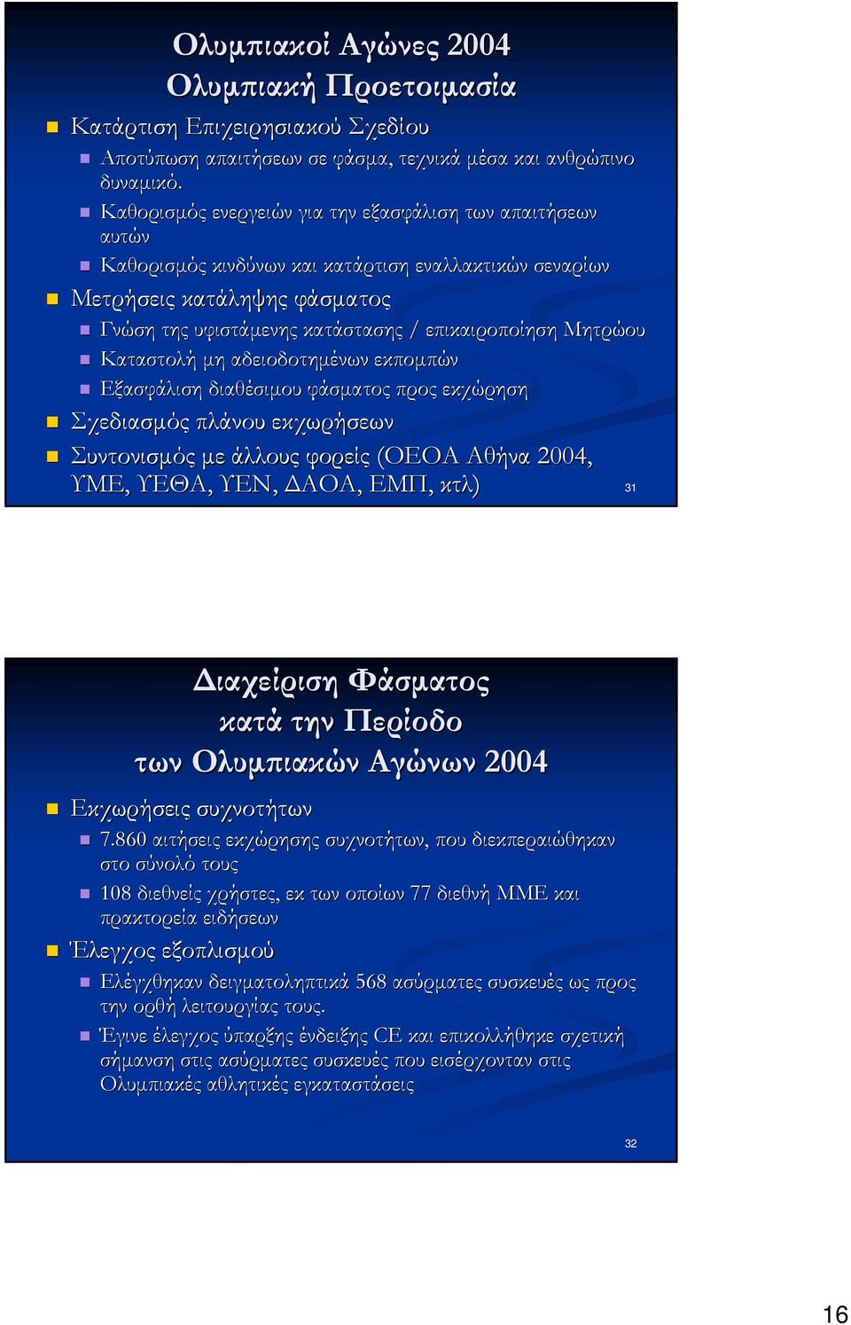 Μητρώου Καταστολή μη αδειοδοτημένων εκπομπών Εξασφάλιση διαθέσιμου φάσματος προς εκχώρηση Σχεδιασμός πλάνου εκχωρήσεων Συντονισμός με άλλους φορείς (ΟΕΟΑ Αθήνα 2004, ΥΜΕ, ΥΕΘΑ, ΥΕΝ, ΔΑΟΑ, ΕΜΠ, κτλ)