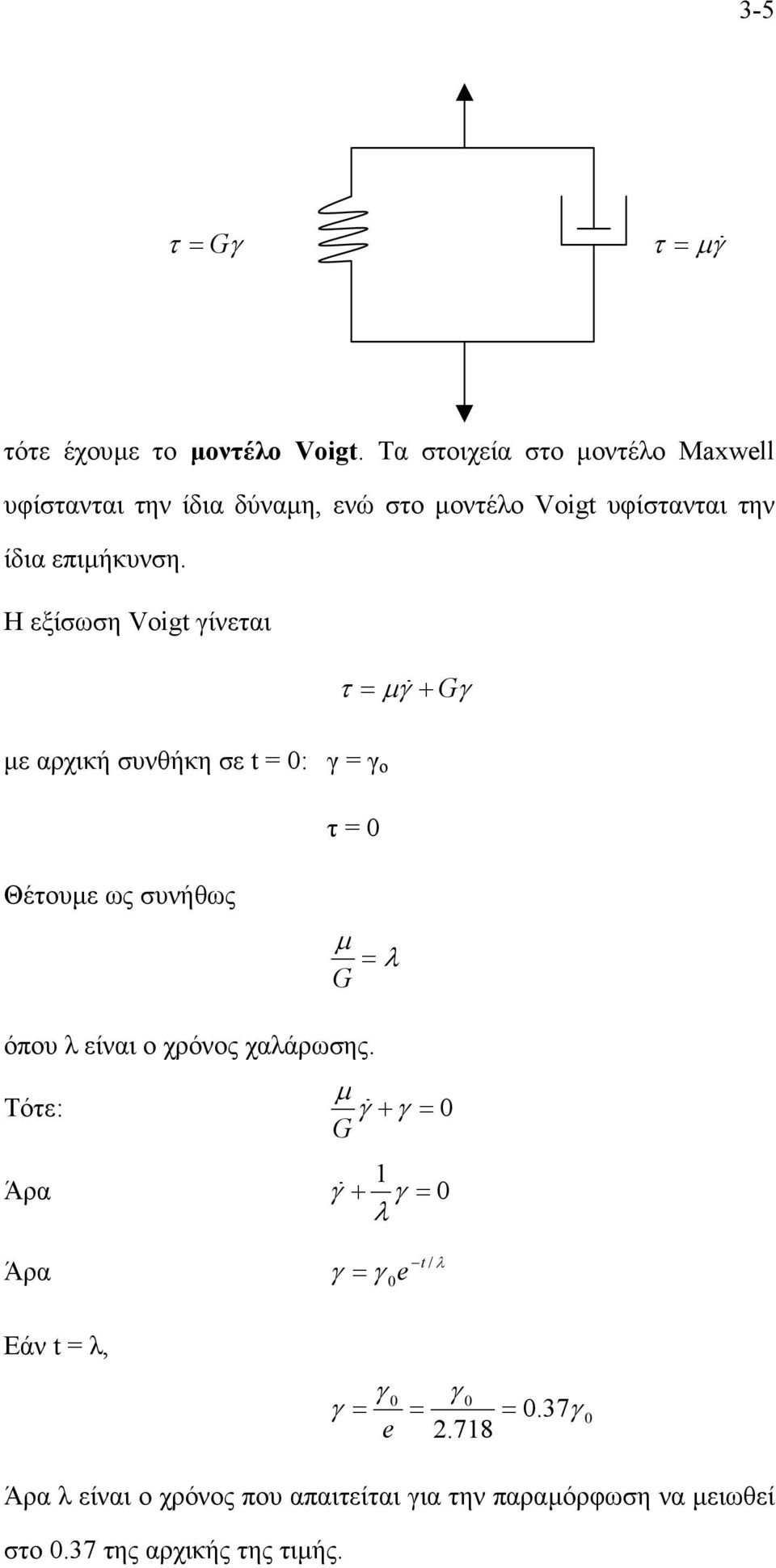 Η εξίσωση Voigt γίνεται τ = µγ + Gγ µε αρχική συνθήκη σε t = 0: γ = γ ο Θέτουµε ως συνήθως τ = 0 µ = λ G όπου λ είναι ο