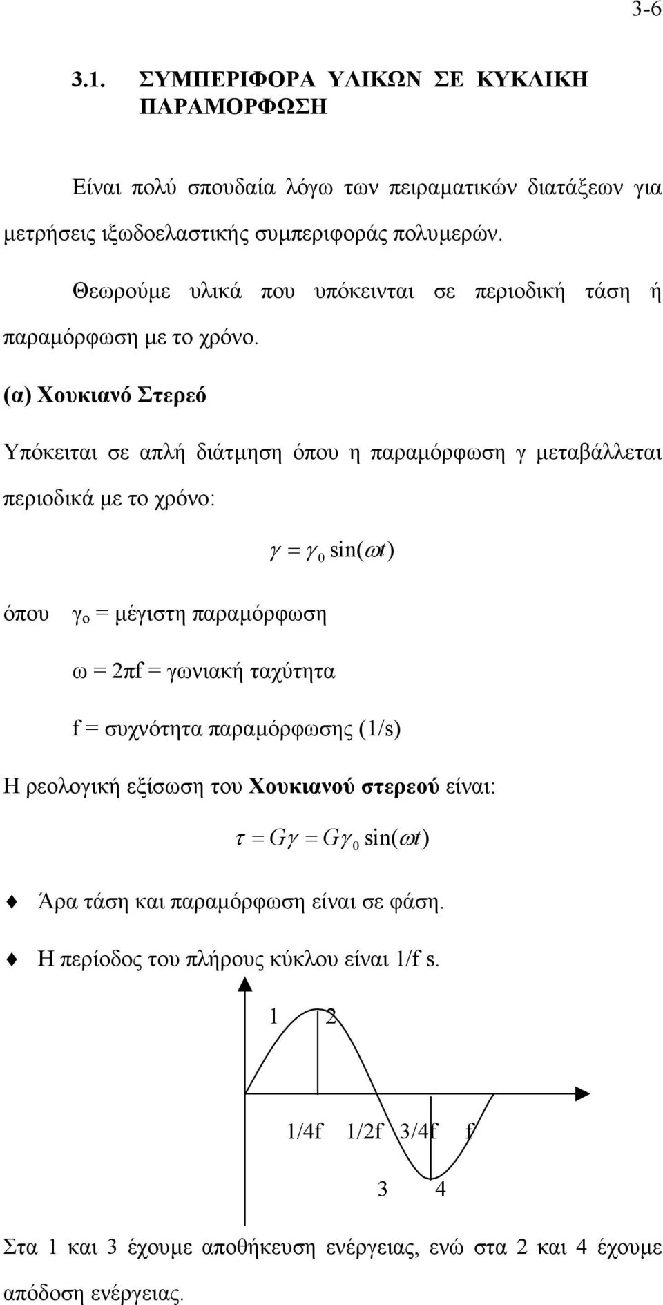 (α) Χουκιανό Στερεό Υπόκειται σε απλή διάτµηση όπου η παραµόρφωση γ µεταβάλλεται περιοδικά µε το χρόνο: γ = γ sin( ω ) 0 t όπου γ ο = µέγιστη παραµόρφωση ω = 2πf = γωνιακή