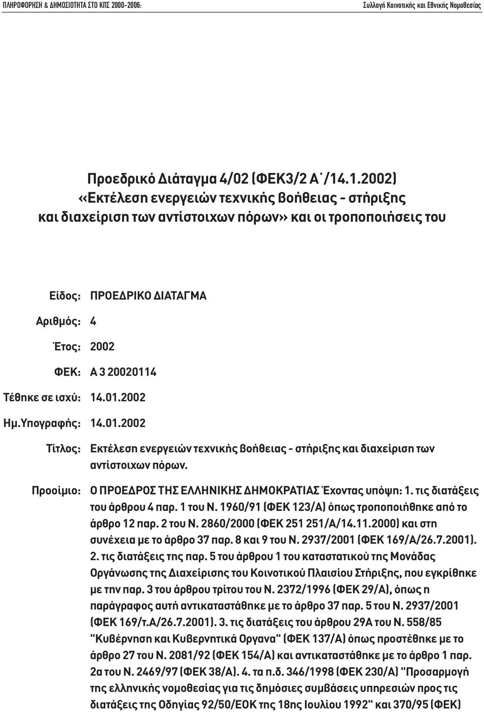 ισχύ: 14.01.2002 Ηµ.Υπογραφής: 14.01.2002 Τίτλος: Εκτέλεση ενεργειών τεχνικής βοήθειας - στήριξης και διαχείριση των αντίστοιχων πόρων. Προοίµιο: Ο ΠΡΟΕ ΡΟΣ ΤΗΣ ΕΛΛΗΝΙΚΗΣ ΗΜΟΚΡΑΤΙΑΣ Έχοντας υπόψη: 1.