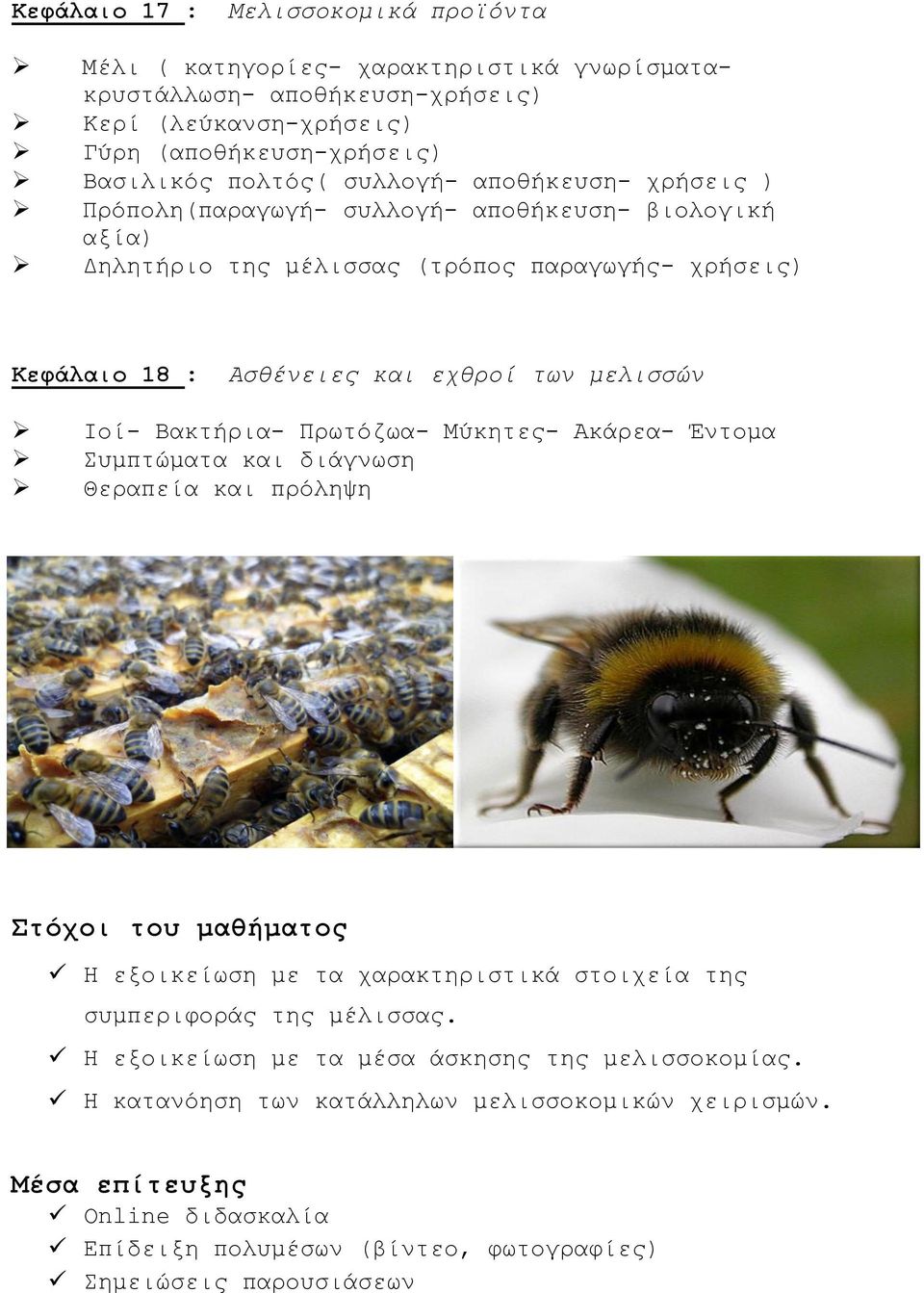 Βακτήρια- Πρωτόζωα- Μύκητες- Ακάρεα- Έντομα Συμπτώματα και διάγνωση Θεραπεία και πρόληψη Στόχοι του μαθήματος Η εξοικείωση με τα χαρακτηριστικά στοιχεία της συμπεριφοράς της μέλισσας.