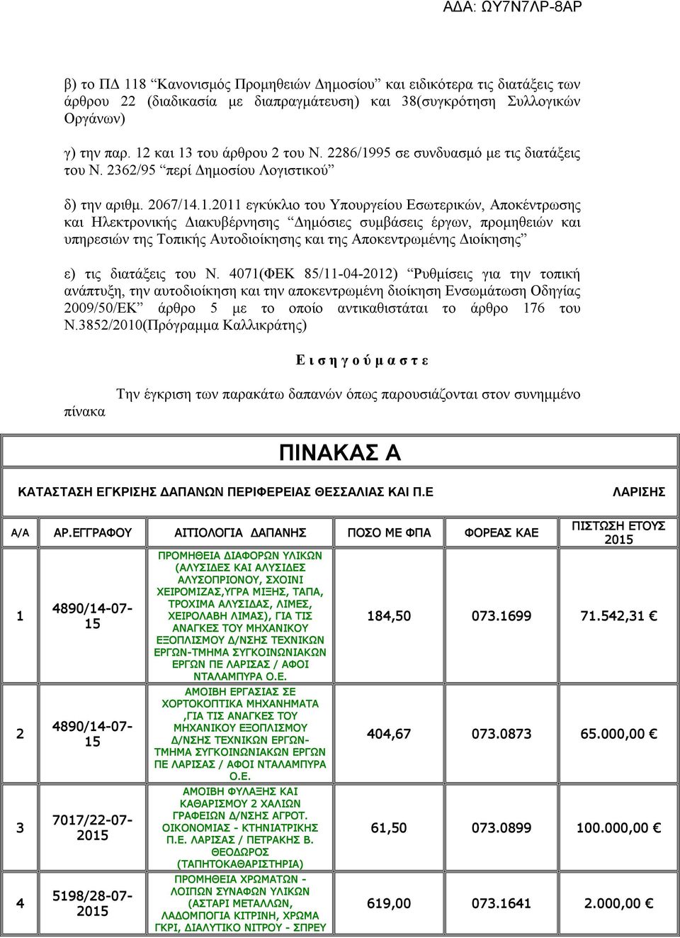 95 σε συνδυασμό με τις διατάξεις του Ν. 2362/95 περί Δημοσίου Λογιστικού δ) την αριθμ. 2067/14