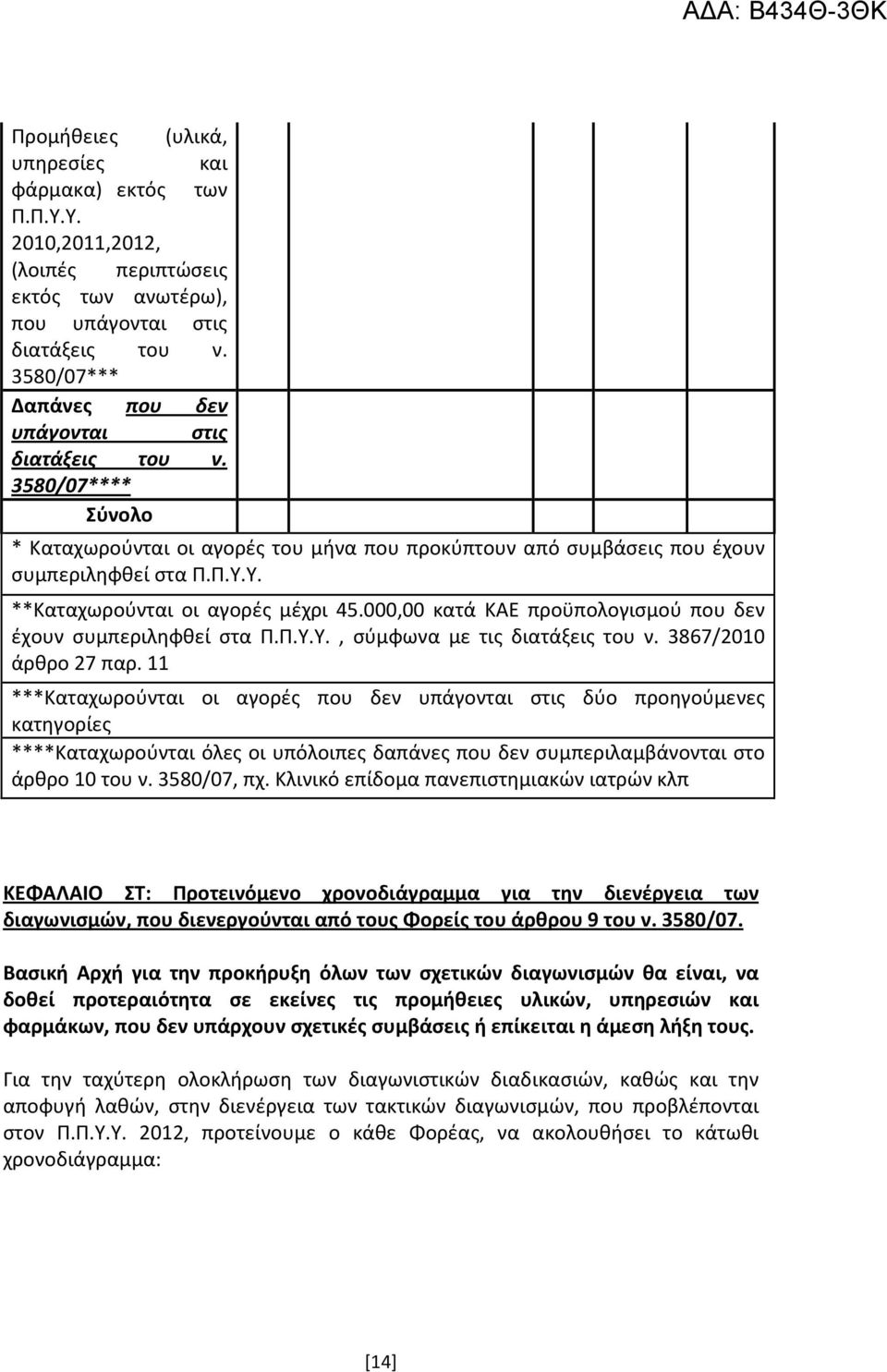 Υ. **Καταχωρούνται οι αγορές μέχρι 45.000,00 κατά ΚΑΕ προϋπολογισμού που δεν έχουν συμπεριληφθεί στα Π.Π.Υ.Υ., σύμφωνα με τις διατάξεις του ν. 3867/2010 άρθρο 27 παρ.