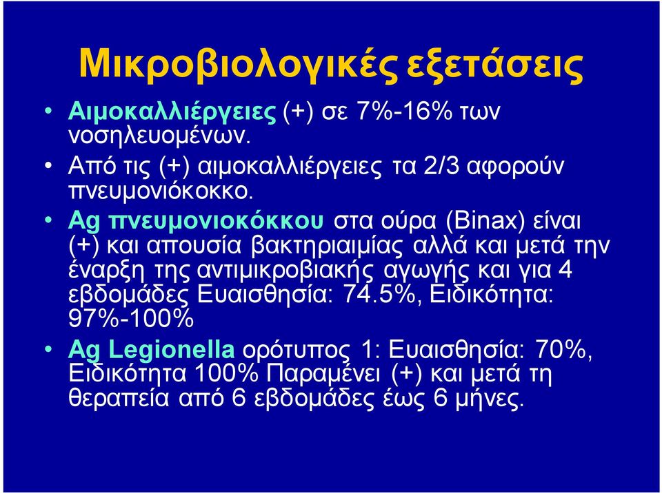 Ag πνευμονιοκόκκου στα ούρα (Binax) είναι (+) και απουσία βακτηριαιμίας αλλά και μετά την έναρξη της