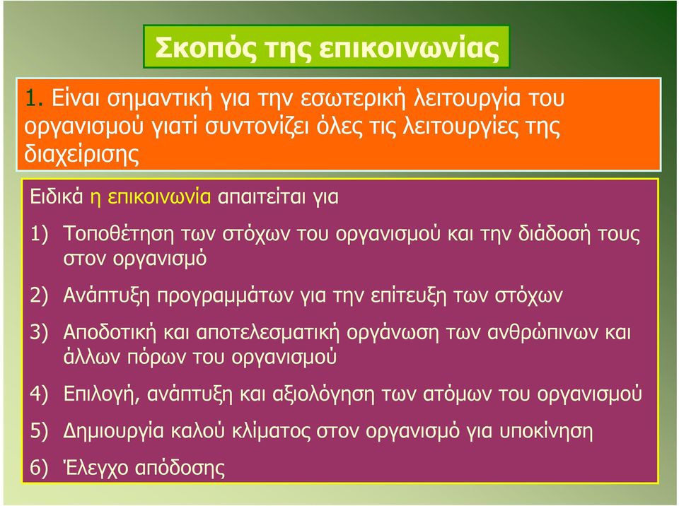 επικοινωνία απαιτείται για 1) Τοποθέτηση των στόχων του οργανισμού και την διάδοσή τους στον οργανισμό 2) Ανάπτυξη προγραμμάτων για