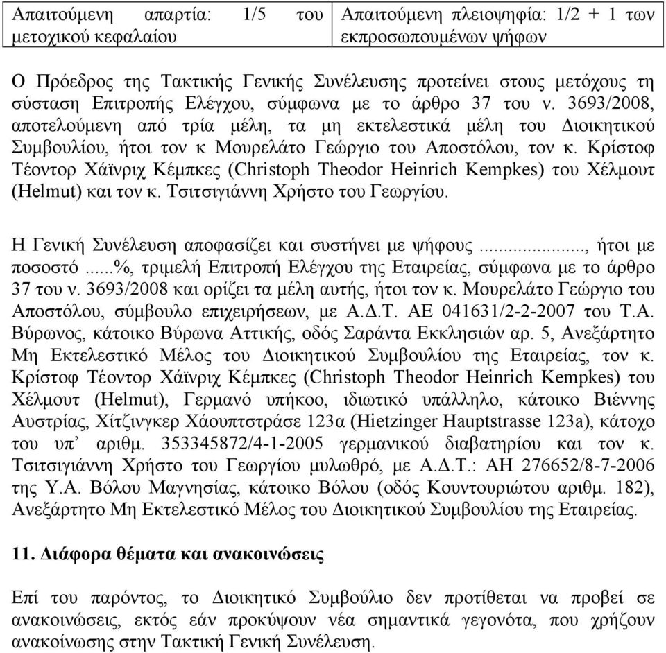 Κρίστοφ Τέοντορ Χάϊνριχ Κέμπκες (Christoph Theodor Heinrich Kempkes) του Χέλμουτ (Helmut) και τον κ. Τσιτσιγιάννη Χρήστο του Γεωργίου. Η Γενική Συνέλευση αποφασίζει και συστήνει με ψήφους.