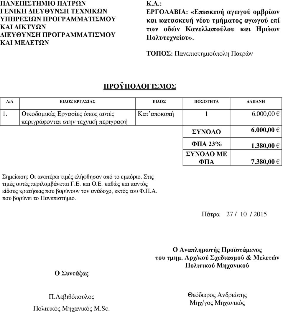 000,00 ΦΠΑ 23% 1.380,00 ΣΥΝΟΛΟ ΜΕ ΦΠΑ 7.380,00 Σημείωση: Οι ανωτέρω τιμές ελήφθησαν από το εμπόριο. Στις τιμές αυτές περιλαμβάνεται Γ.Ε. και Ο.Ε. καθώς και παντός είδους κρατήσεις που βαρύνουν τον ανάδοχο, εκτός του Φ.