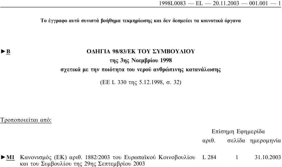 ΣΥΜΒΟΥΛΙΟΥ της 3ης Νοεµβρίου 1998 σχετικά µε την ποιότητα του νερού ανθρώπινης κατανάλωσης (ΕΕ L 330 της 5.12.