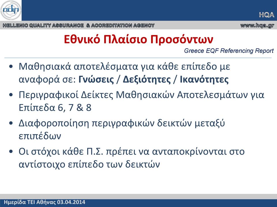 Επίπεδα 6, 7 & 8 Διαφοροποίηση περιγραφικών δεικτών μεταξύ επιπέδων Greece EQF