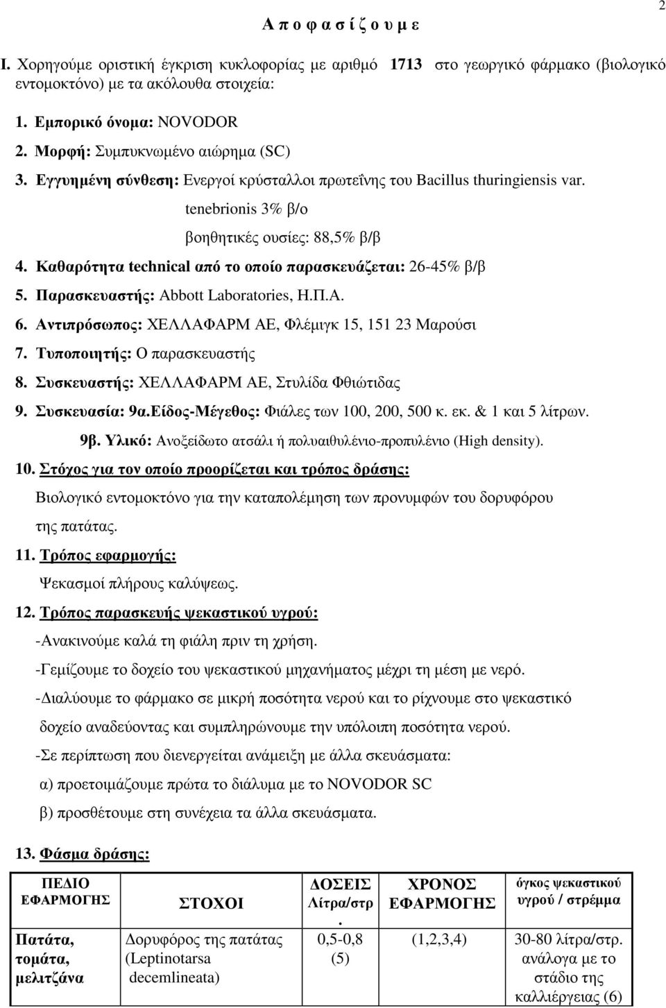 Καθαρότητα technical από το οποίο παρασκευάζεται: 26-45% β/β 5. Παρασκευαστής: Abbott Laboratories, Η.Π.Α. 6. Αντιπρόσωπος: ΧΕΛΛΑΦΑΡΜ ΑΕ, Φλέµιγκ 15, 151 23 Μαρούσι 7. Τυποποιητής: Ο παρασκευαστής 8.