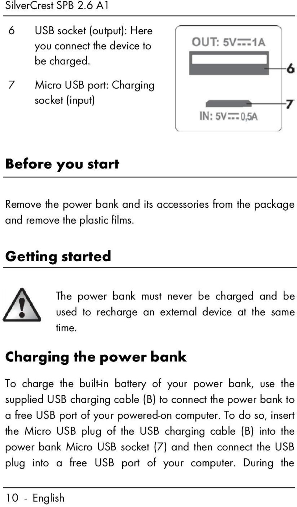 Getting started The power bank must never be charged and be used to recharge an external device at the same time.