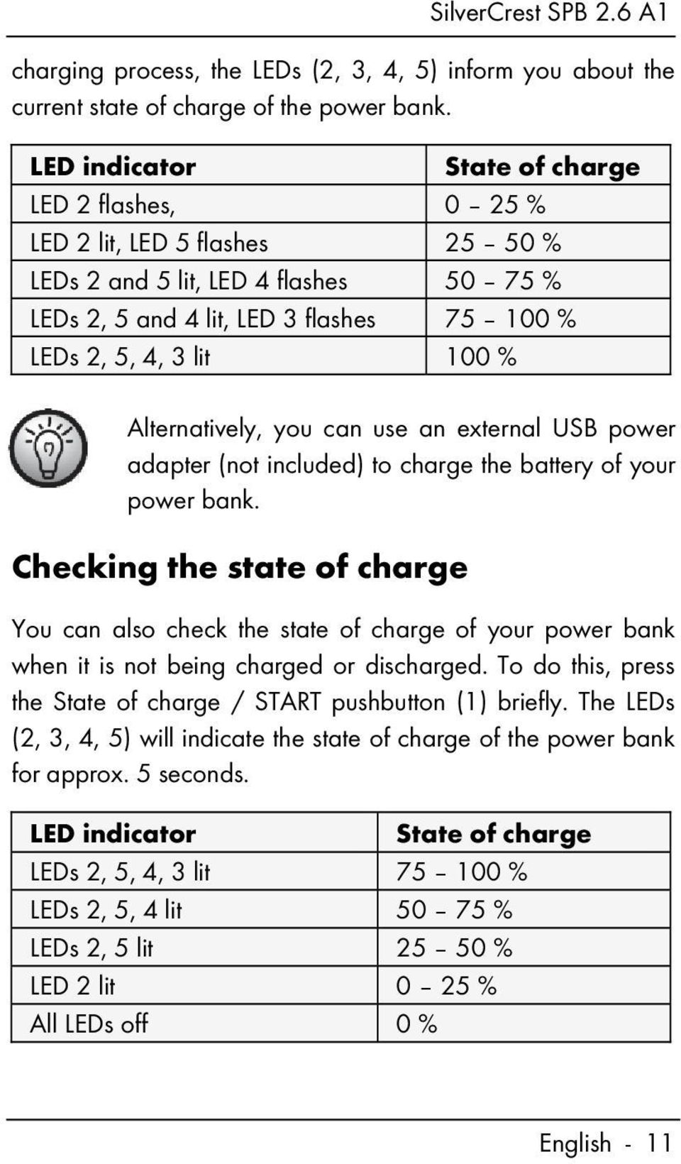 Alternatively, you can use an external USB power adapter (not included) to charge the battery of your power bank.