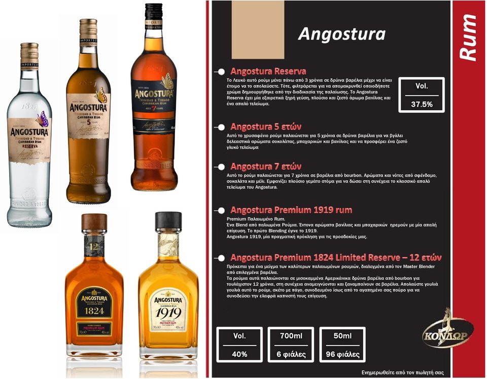 Το Angostura Reserva έχει µία εξαιρετικά ξηρή γεύση, πλούσιο και ζεστό άρωµα βανίλιας και ένα απαλό τελείωµα. Vol. 37.