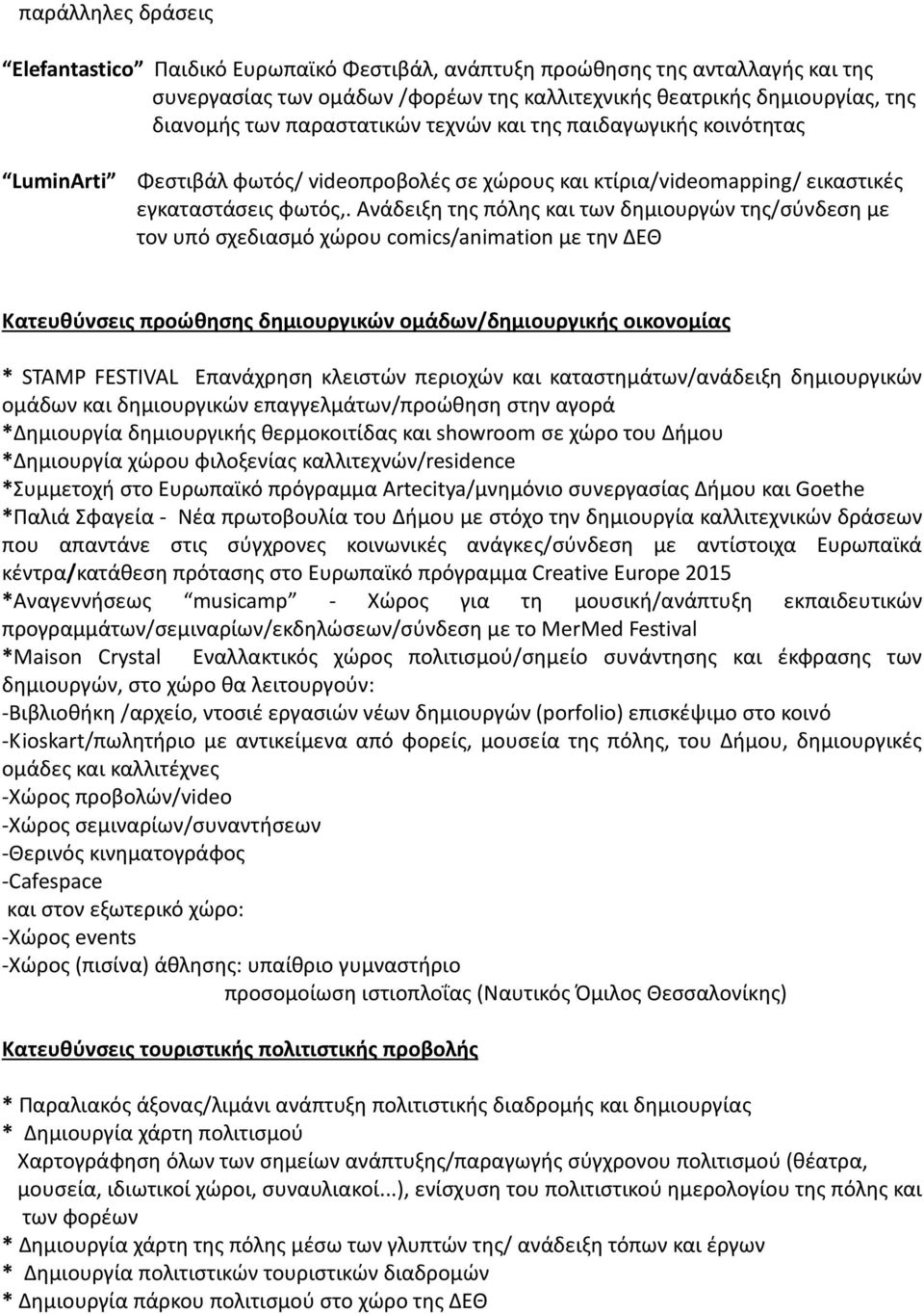 Ανάδειξη της πόλης και των δημιουργών της/σύνδεση με τον υπό σχεδιασμό χώρου comics/animation με την ΔΕΘ Κατευθύνσεις προώθησης δημιουργικών ομάδων/δημιουργικής οικονομίας * STAMP FESTIVAL Επανάχρηση